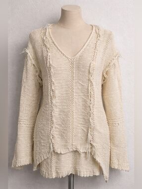 Lucky Brand Boho Crochet Sweater Ivory Fringe Distressed M